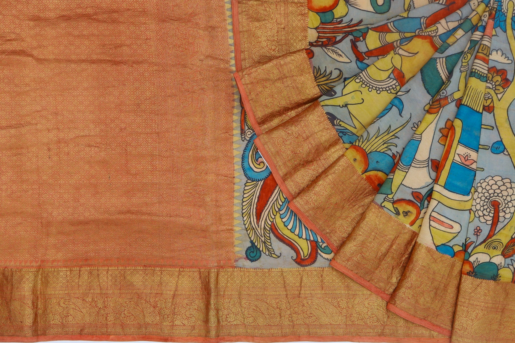 Kanchipuram Silk Kalamkari Hand Painted Light Blue Saree