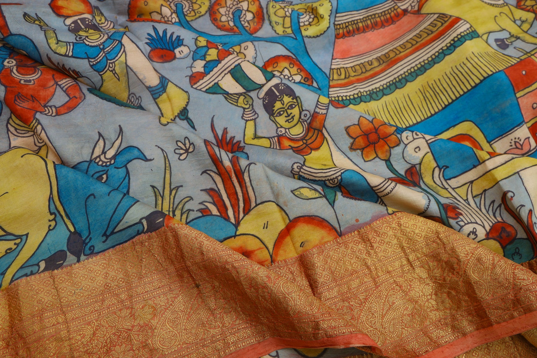 Kanchipuram Silk Kalamkari Hand Painted Light Blue Saree