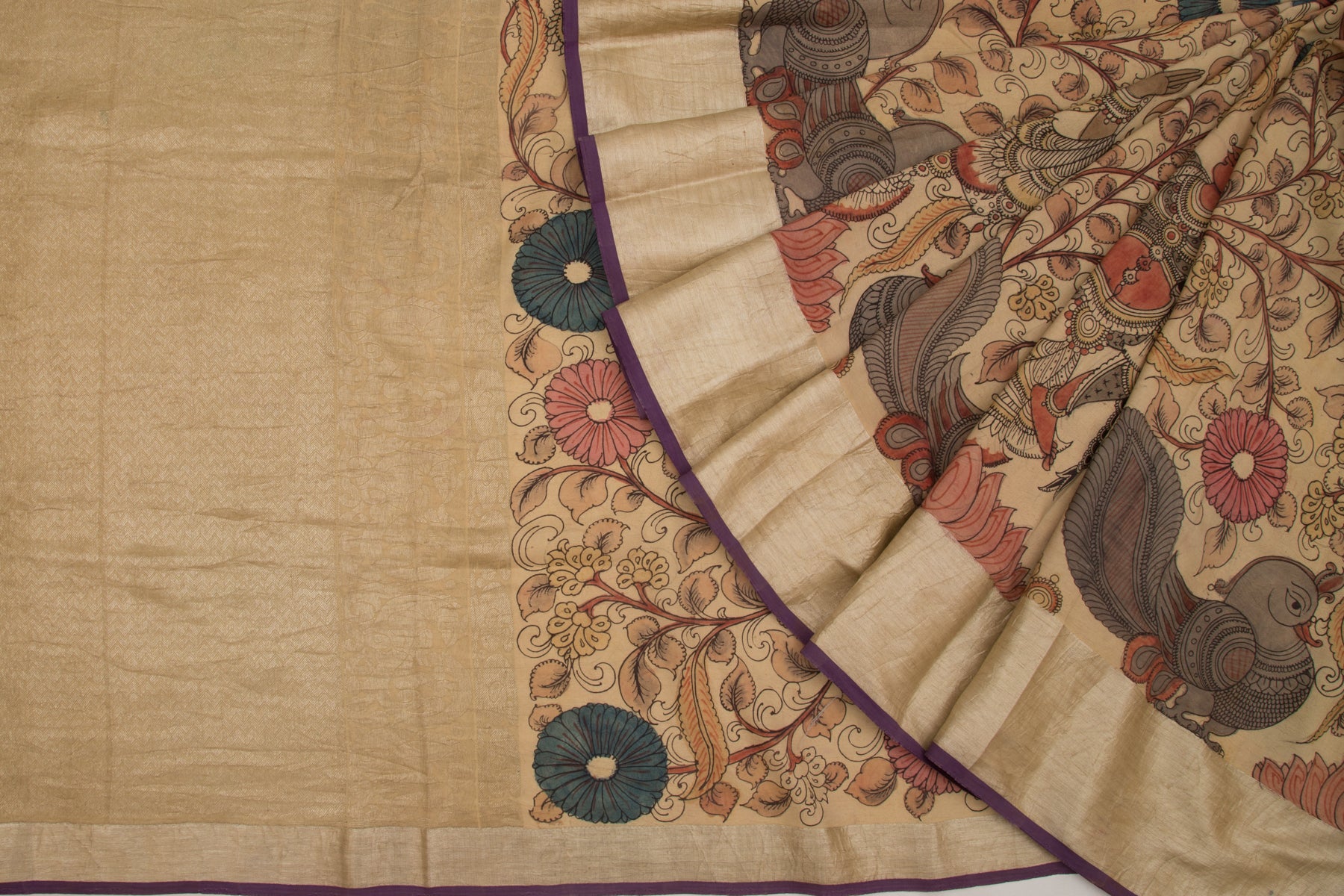Kanchipuram Silk Kalamkari Hand Painted Cream Saree