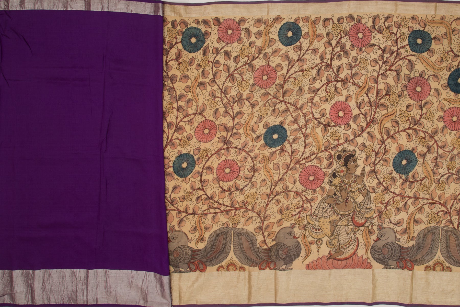 Kanchipuram Silk Kalamkari Hand Painted Cream Saree