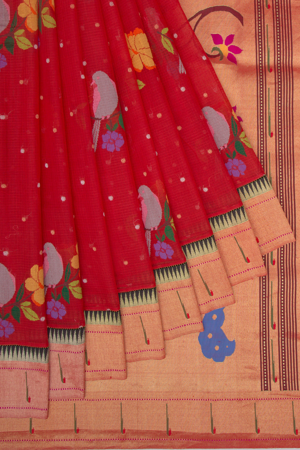 Kota Silk Butta Red Saree With Attached Paithani Border