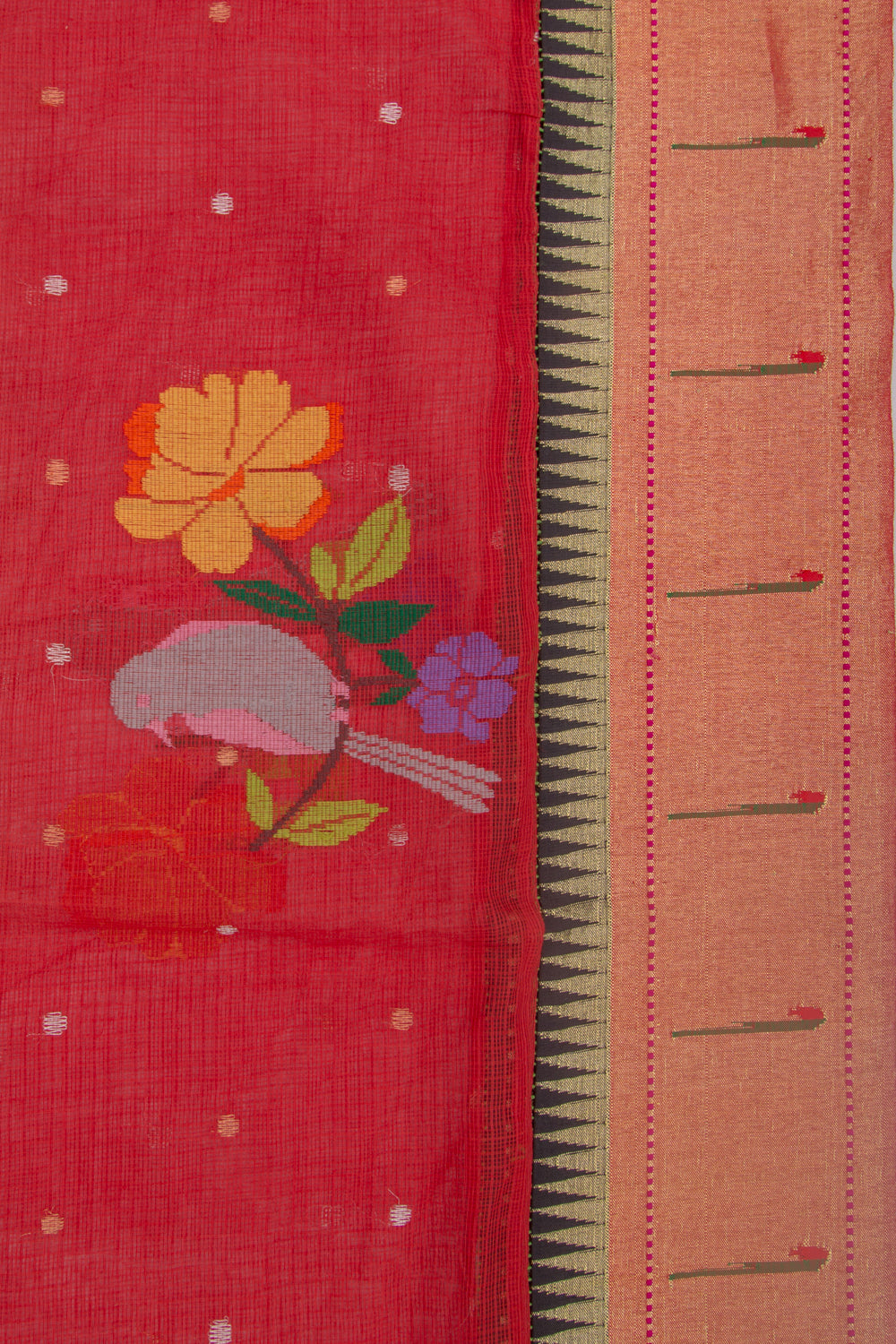 Kota Silk Butta Red Saree With Attached Paithani Border