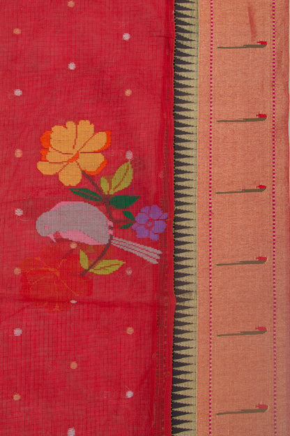 Kota Silk Butta Red Saree With Attached Paithani Border