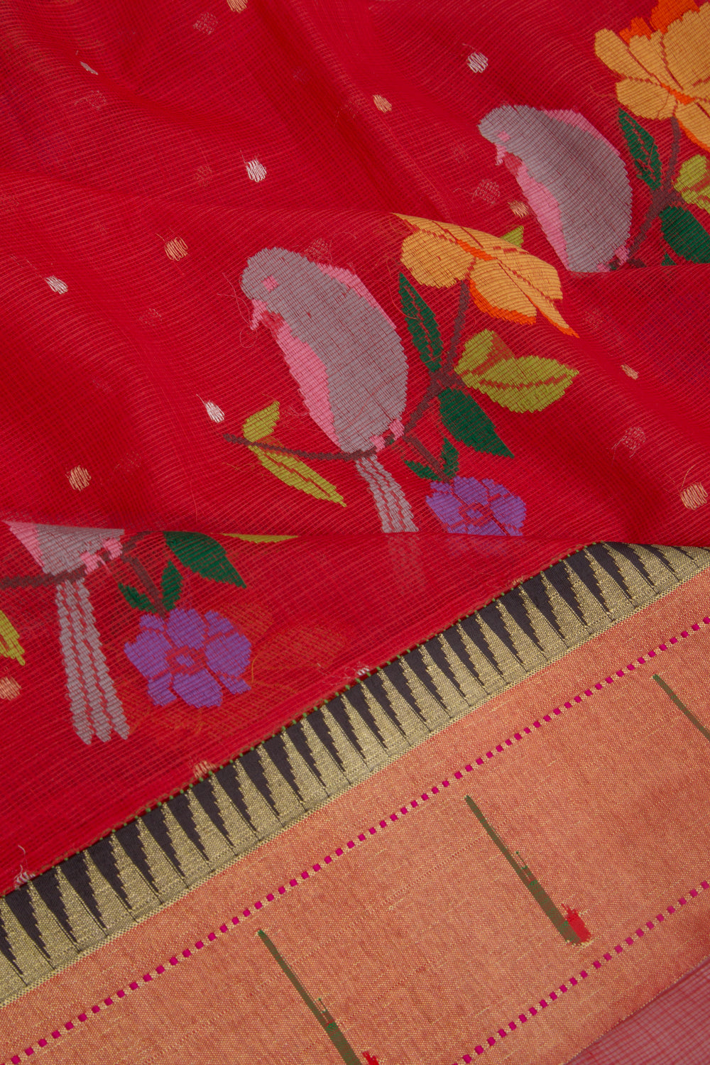 Kota Silk Butta Red Saree With Attached Paithani Border