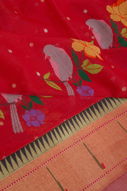 Kota Silk Butta Red Saree With Attached Paithani Border