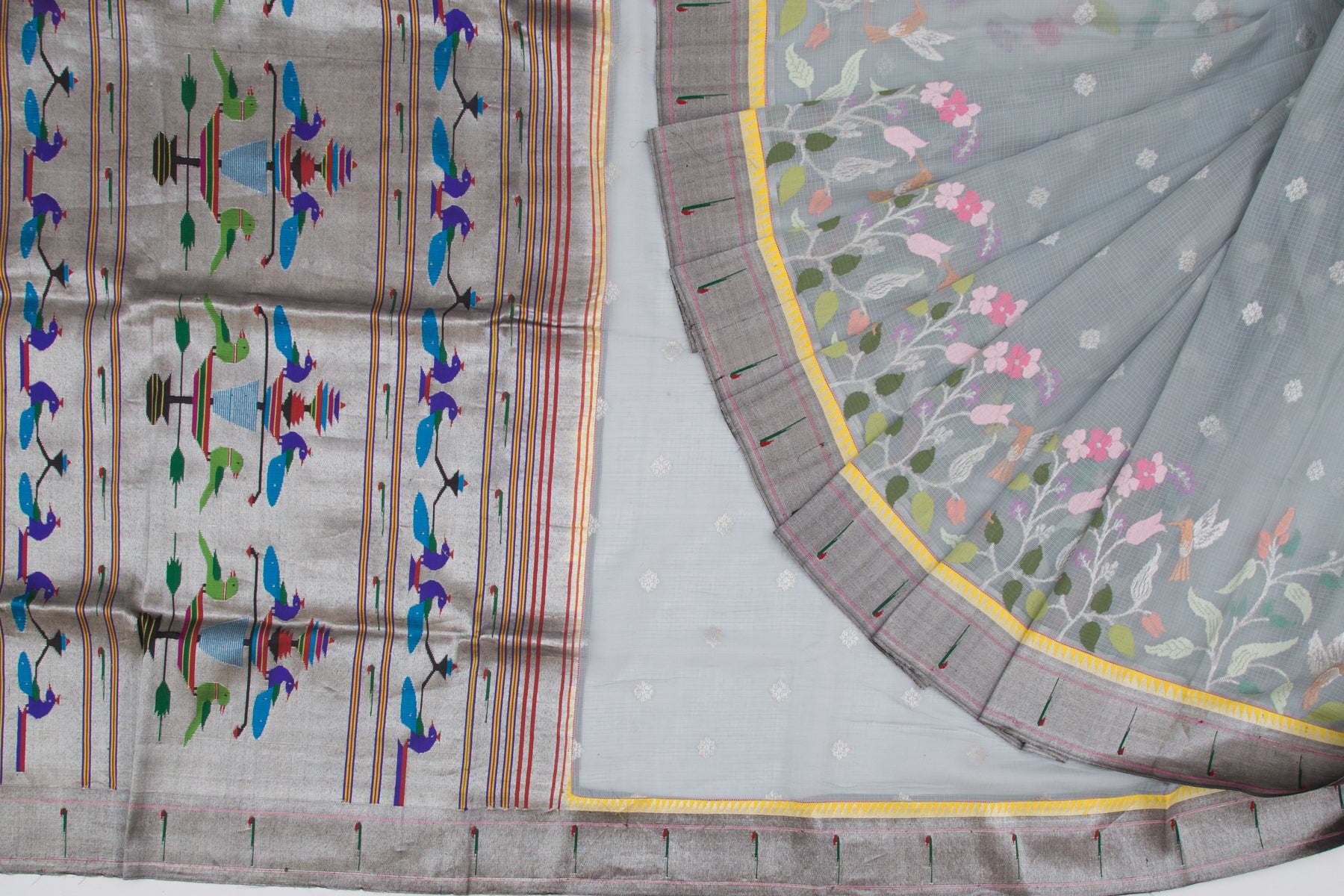 Kota Silk Butta Grey Saree With Attached Paithani Border