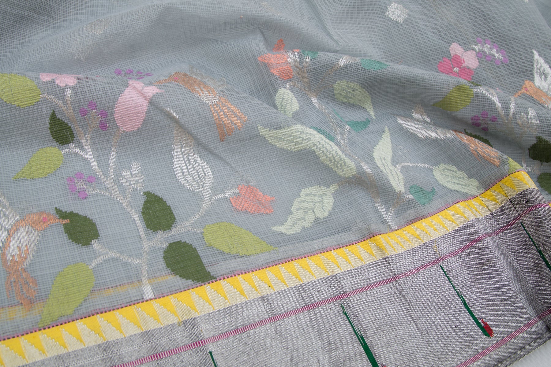 Kota Silk Butta Grey Saree With Attached Paithani Border