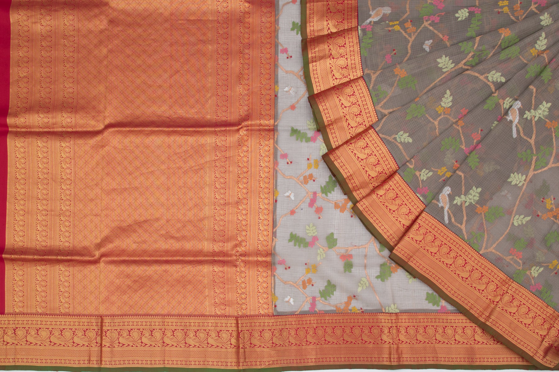Kota Silk Jamdani Grey Saree With Attached Kanchi Border