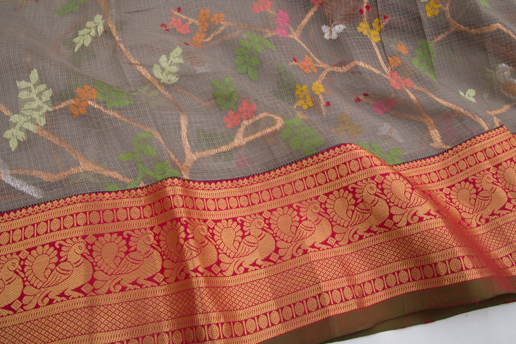 Kota Silk Jamdani Grey Saree With Attached Kanchi Border
