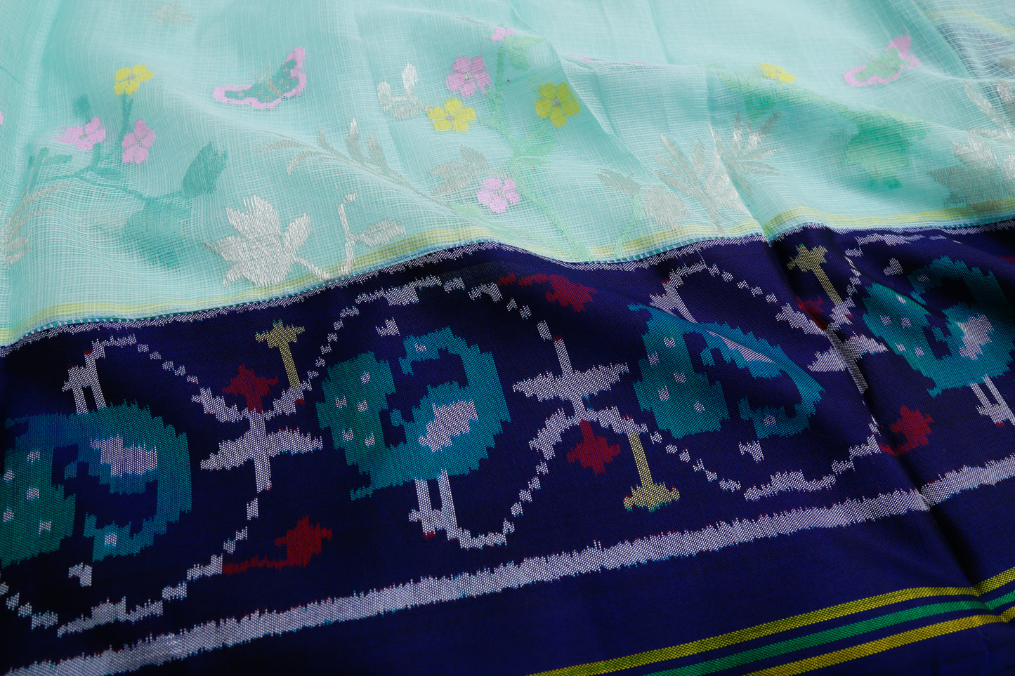Kota Silk Butta Blue Saree With Attached Ikat Border