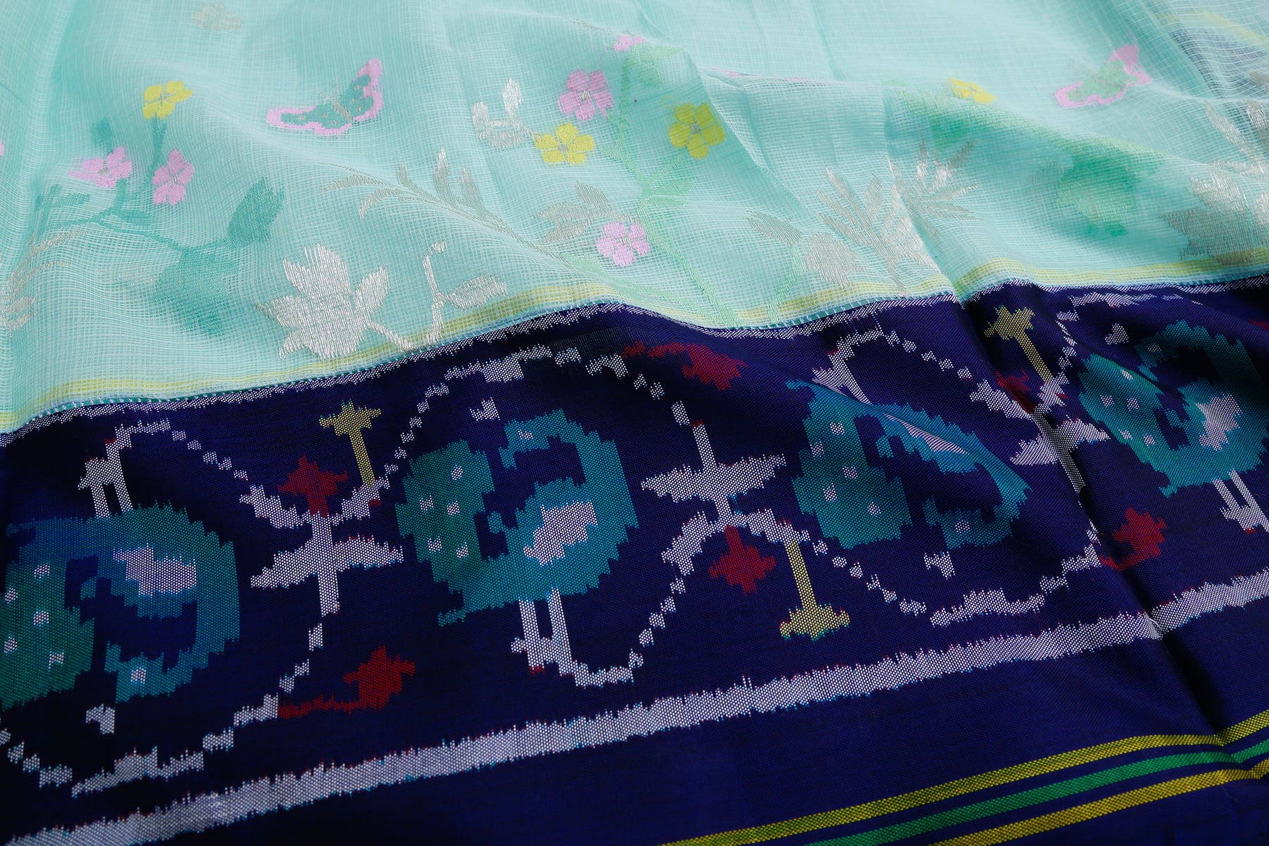 Kota Silk Butta Blue Saree With Attached Ikat Border