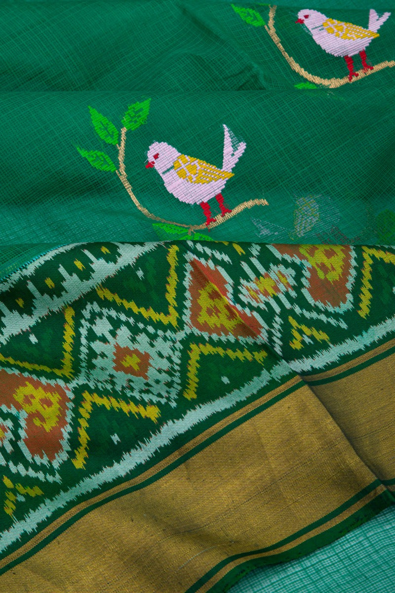 Kota Silk Jamdani Butta Green Saree With Ikat Border