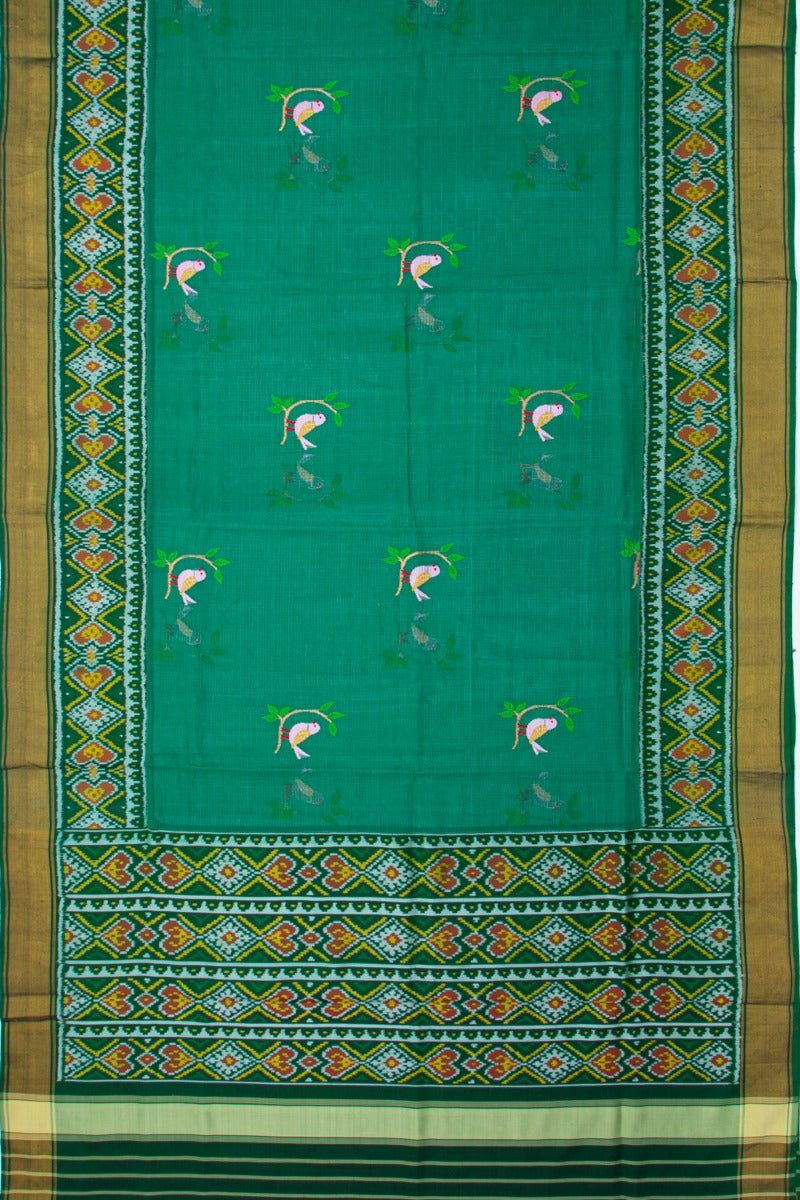 Kota Silk Jamdani Butta Green Saree With Ikat Border