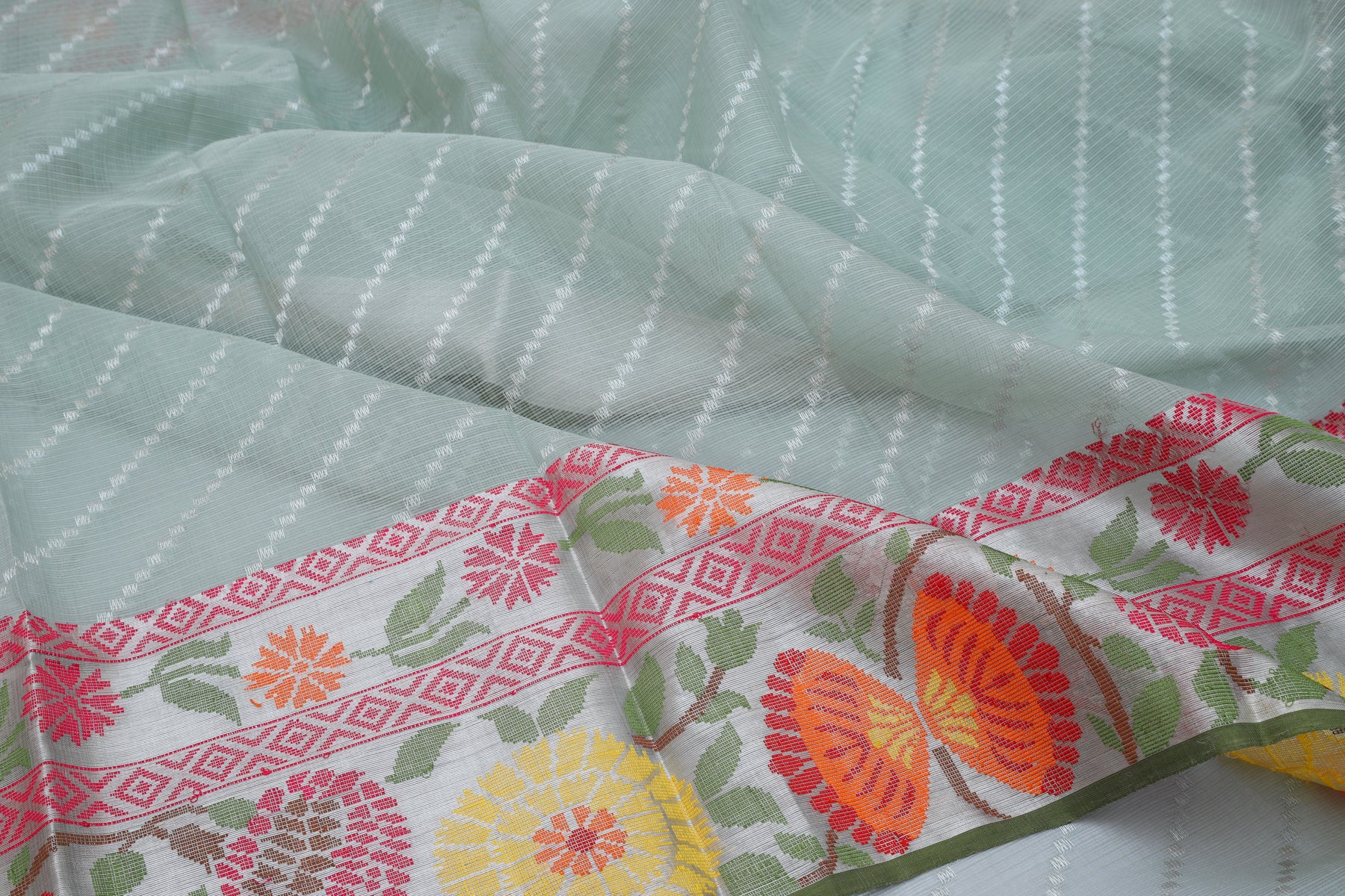Kota Silk Diagonal Lines Grey Saree