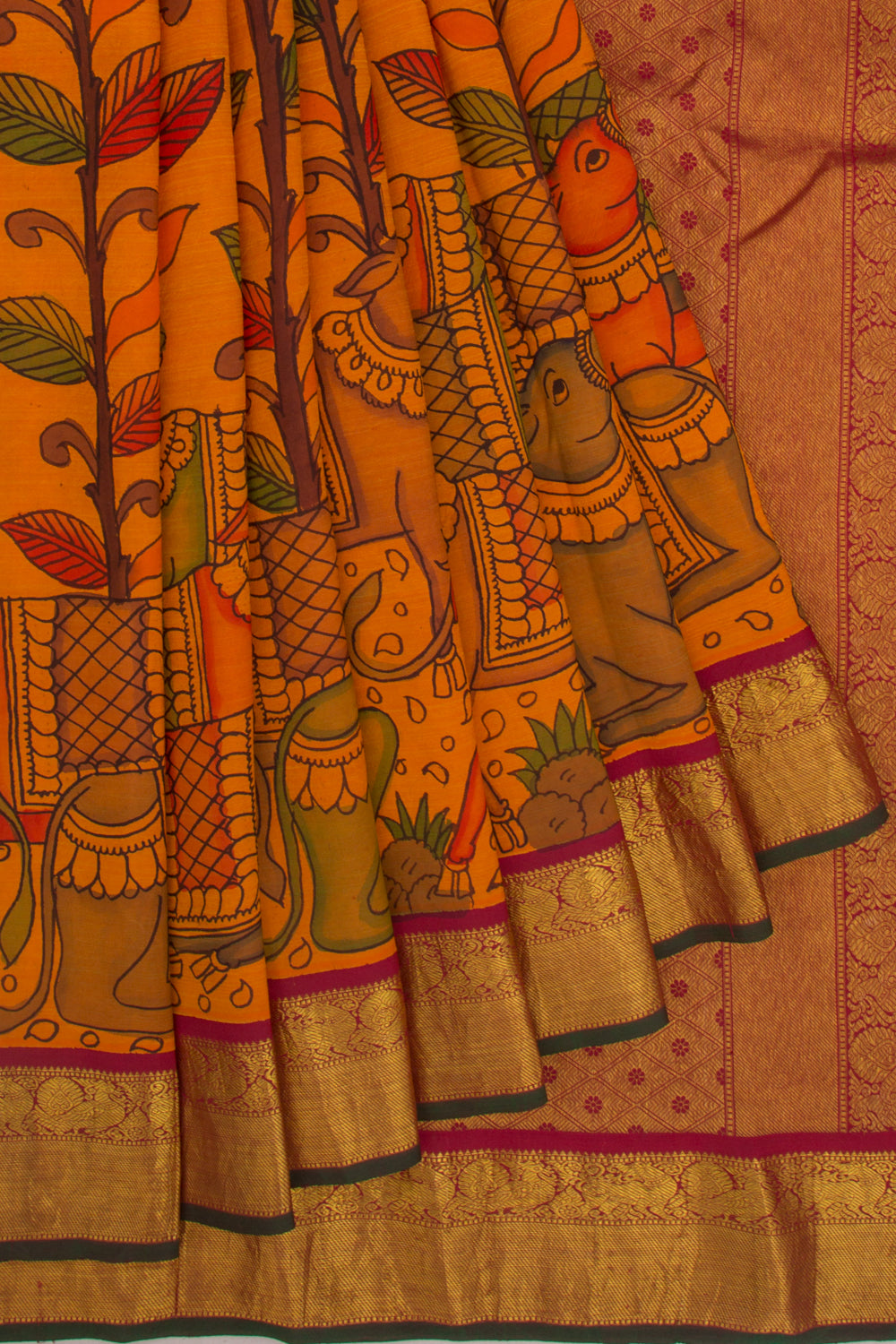 Kanchipuram Silk Kalamkari Orange Saree