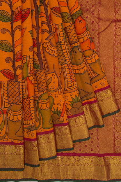 Kanchipuram Silk Kalamkari Orange Saree