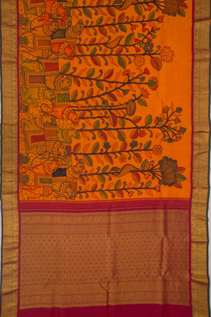 Kanchipuram Silk Kalamkari Orange Saree