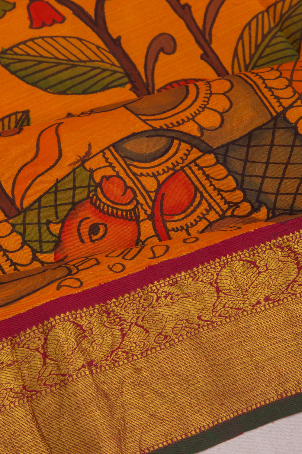 Kanchipuram Silk Kalamkari Orange Saree