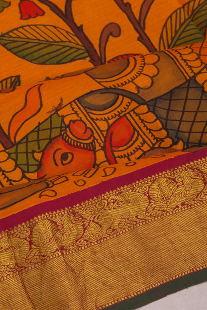 Kanchipuram Silk Kalamkari Orange Saree