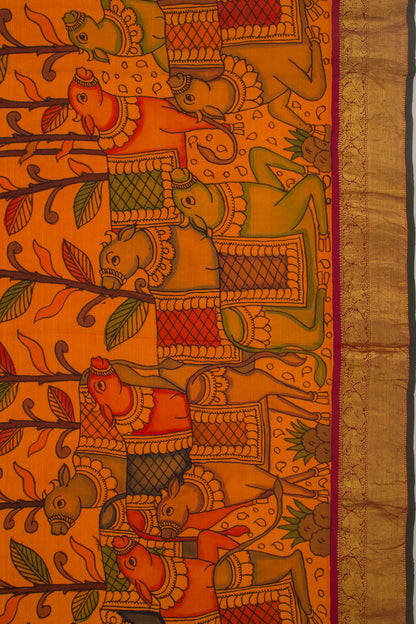 Kanchipuram Silk Kalamkari Orange Saree