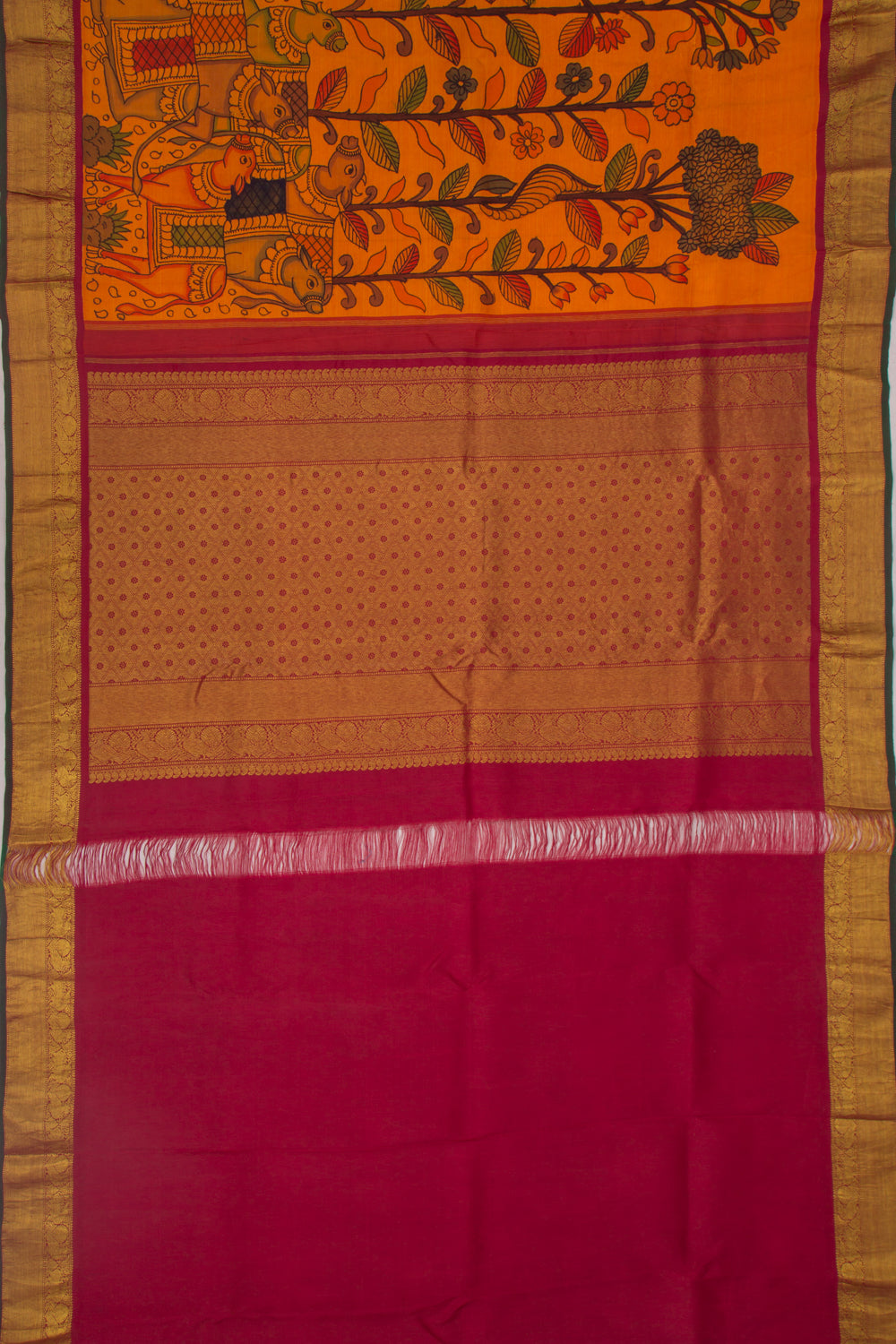 Kanchipuram Silk Kalamkari Orange Saree