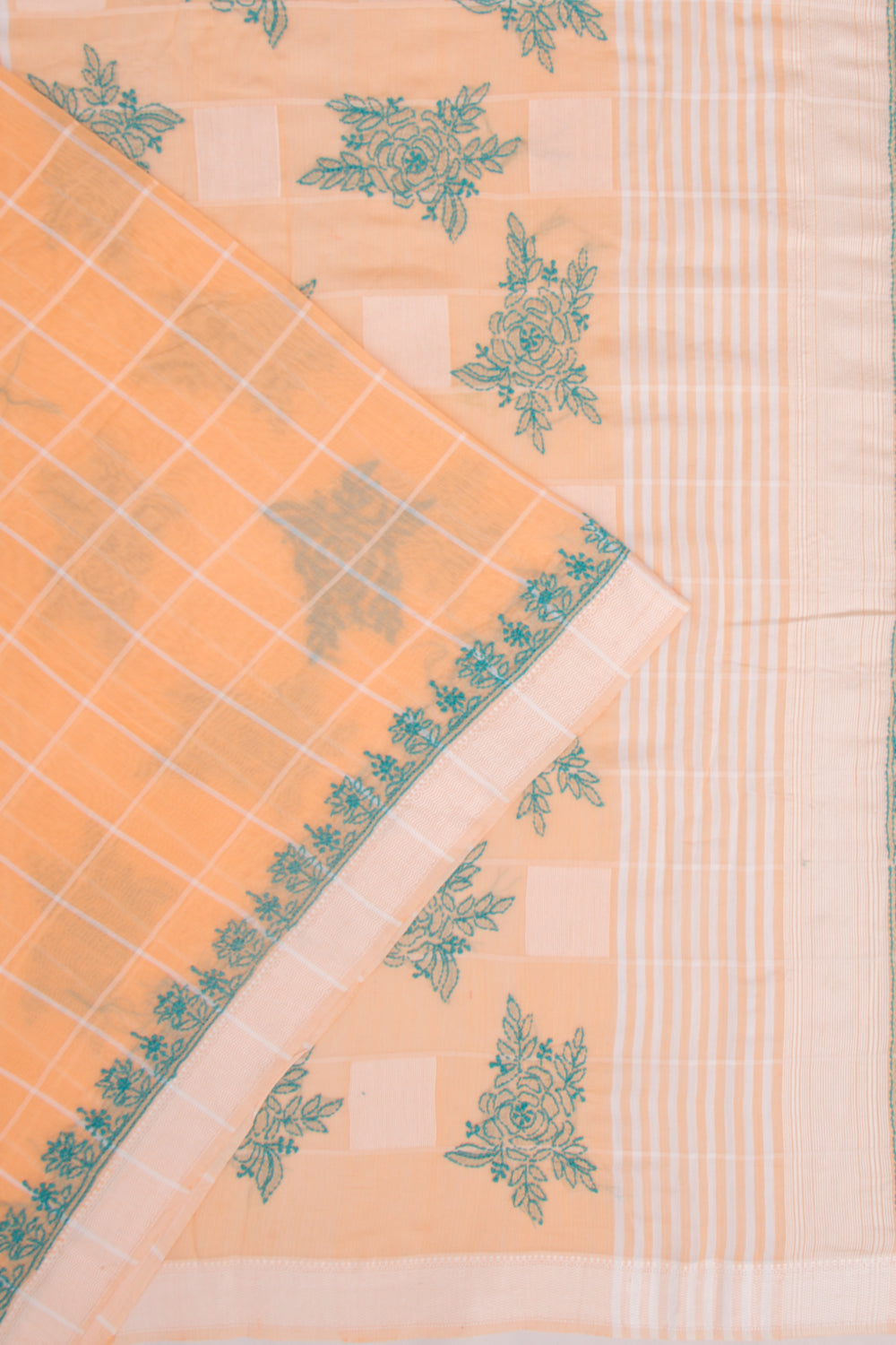 Maheshwari Silk Checks And Chikankari Butta Pastel Orange Saree