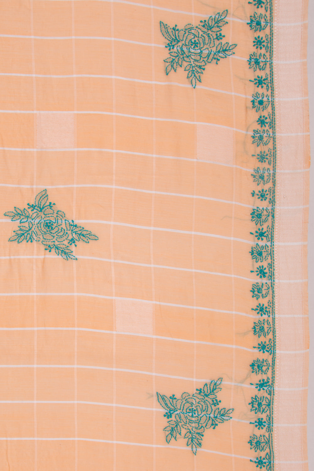 Maheshwari Silk Checks And Chikankari Butta Pastel Orange Saree