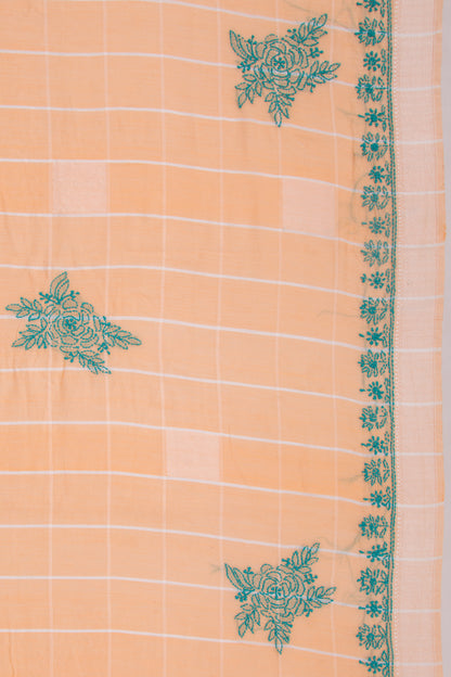 Maheshwari Silk Checks And Chikankari Butta Pastel Orange Saree