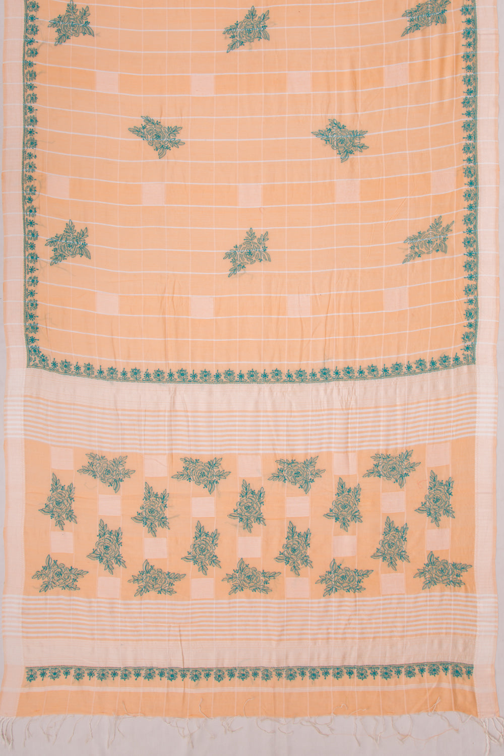 Maheshwari Silk Checks And Chikankari Butta Pastel Orange Saree