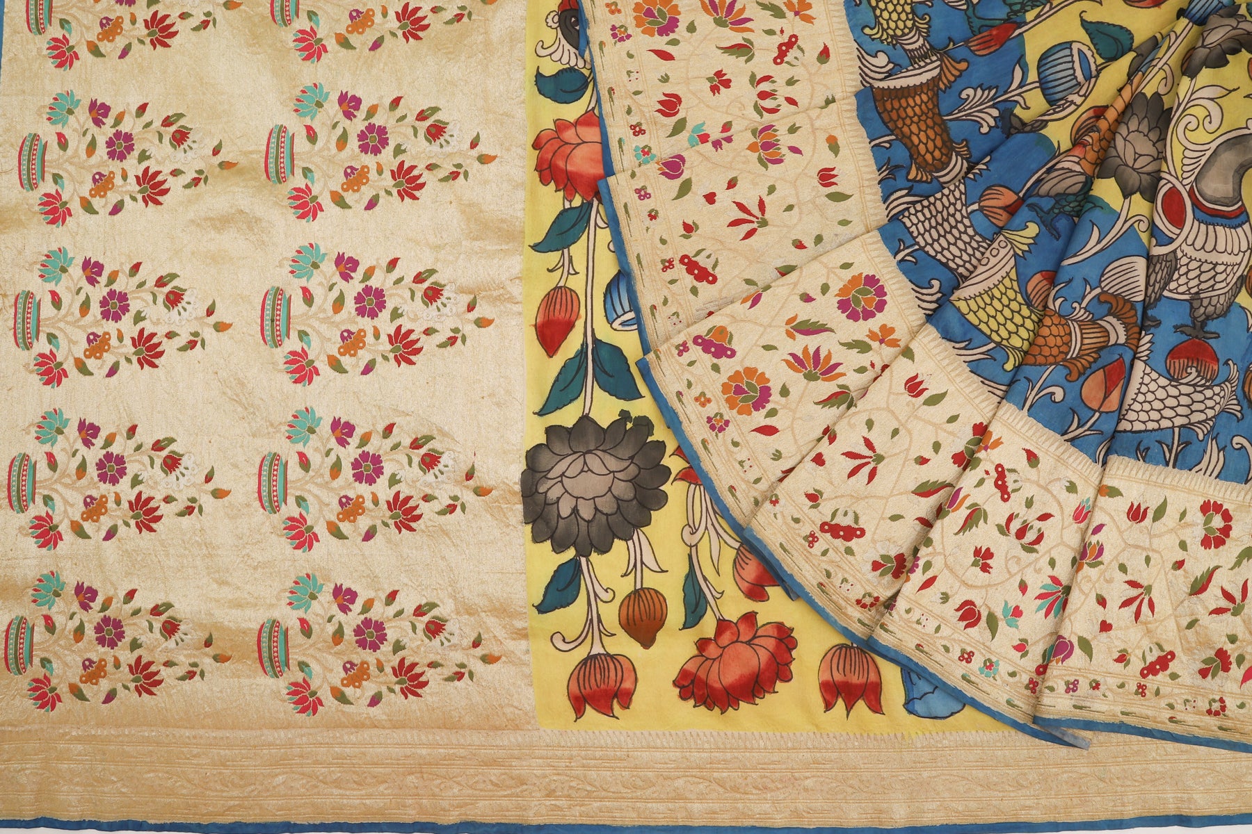 Banarasi Tussar Georgette Kalamkari Hand Painted Yellow Saree