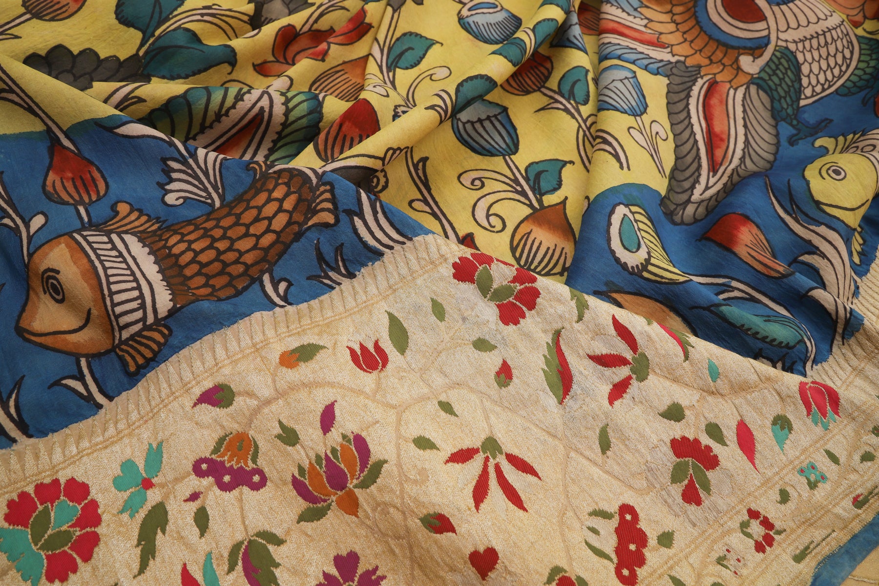 Banarasi Tussar Georgette Kalamkari Hand Painted Yellow Saree