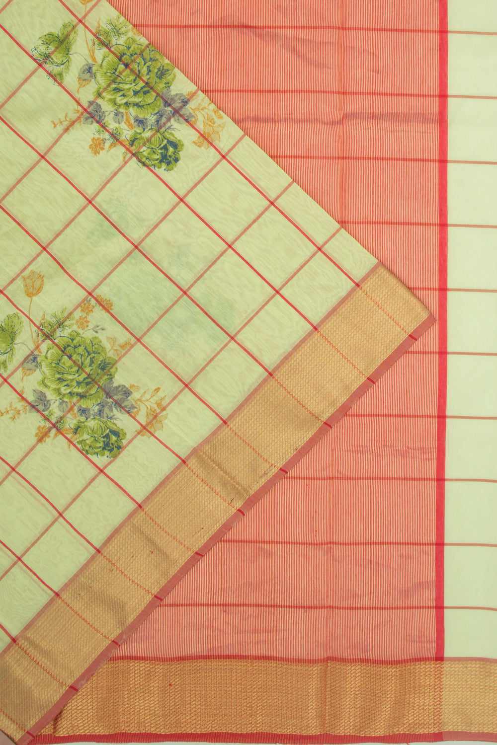 Chanderi Cotton Floral Printed And Checks Green Saree