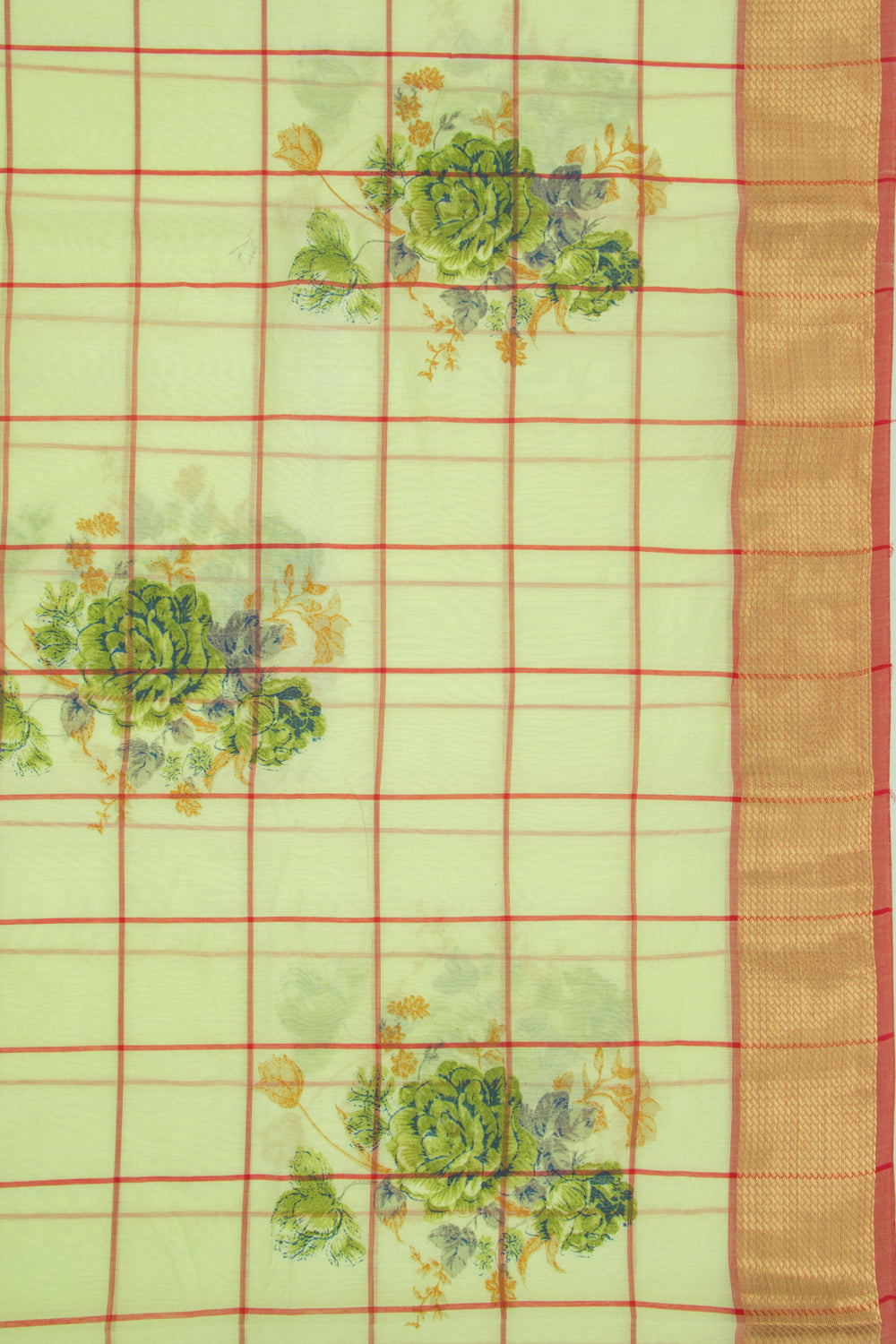 Chanderi Cotton Floral Printed And Checks Green Saree