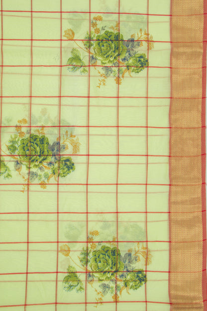 Chanderi Cotton Floral Printed And Checks Green Saree