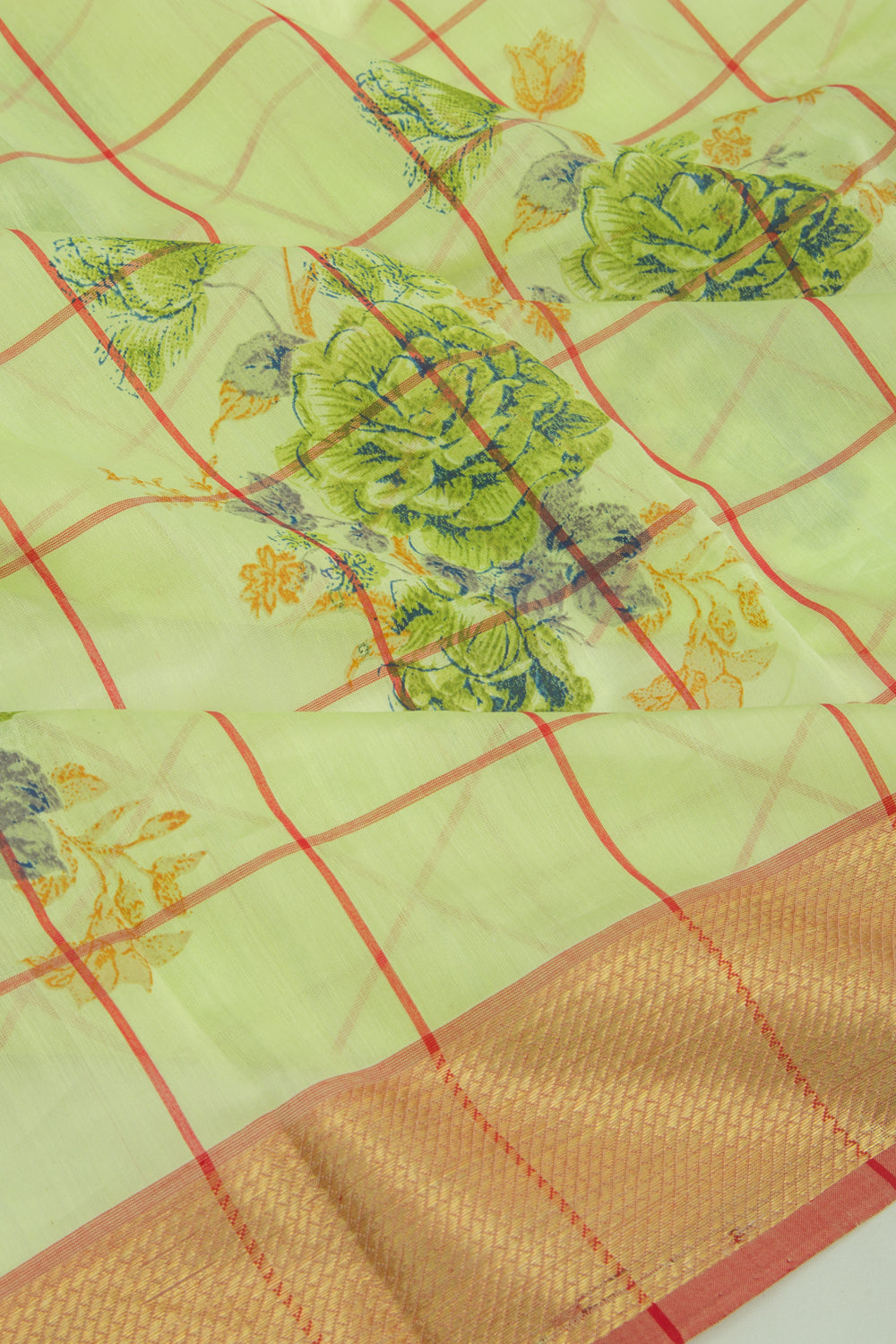 Chanderi Cotton Floral Printed And Checks Green Saree