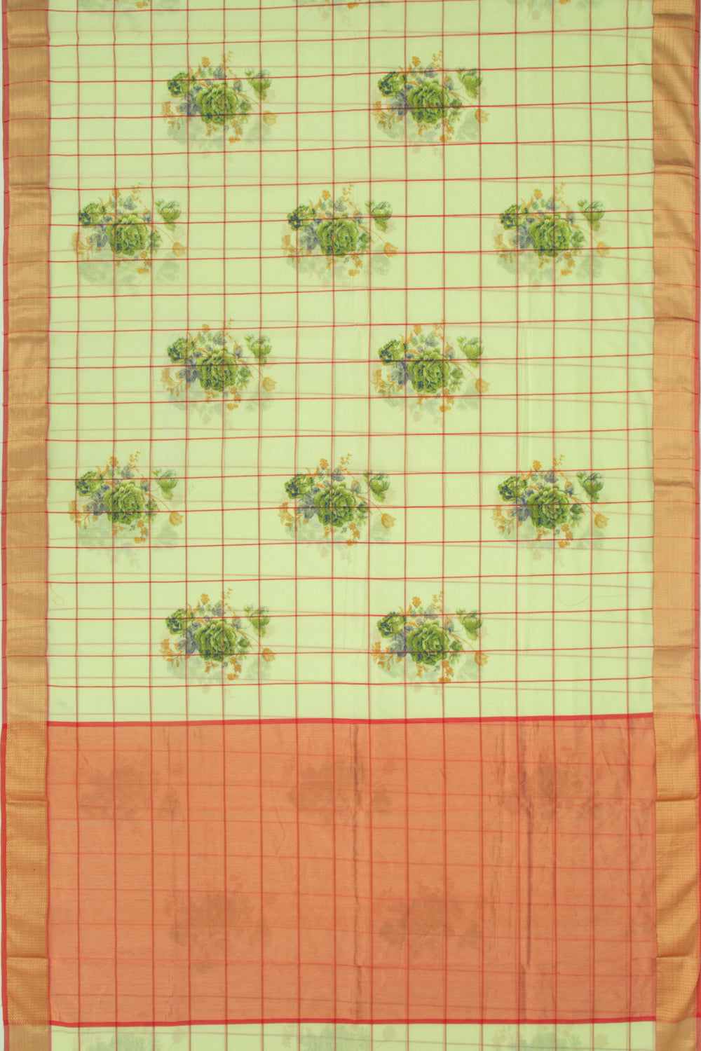 Chanderi Cotton Floral Printed And Checks Green Saree