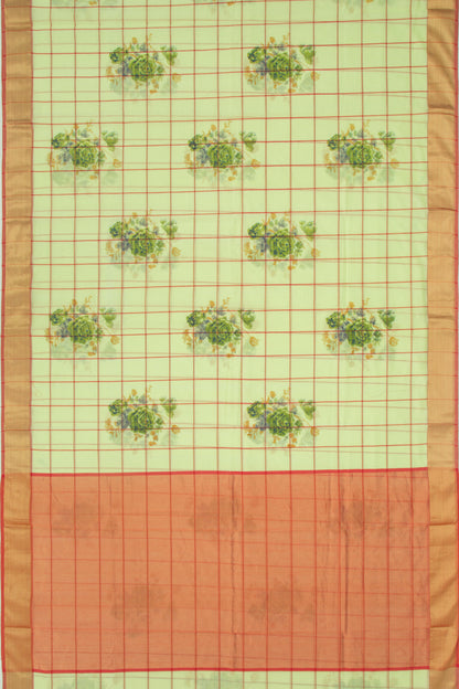 Chanderi Cotton Floral Printed And Checks Green Saree
