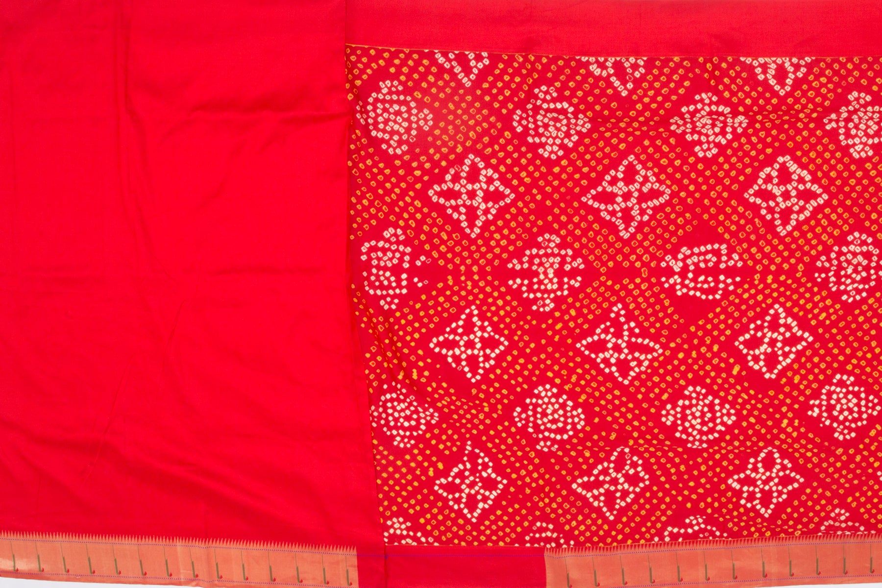 Bandhani Silk Red Saree with Attached Paithani Border