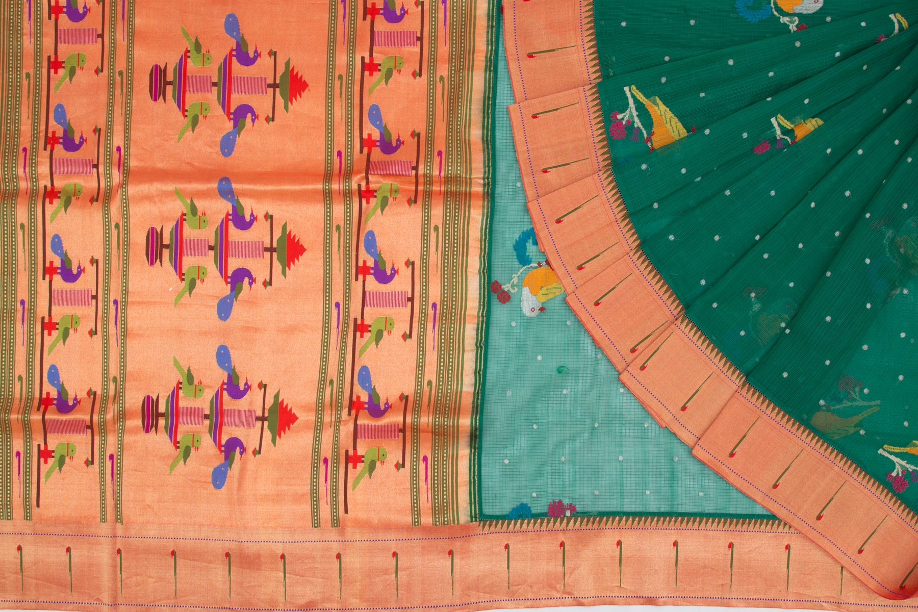 Kota Silk Butta Dark Green Saree With Attached Paithani Border