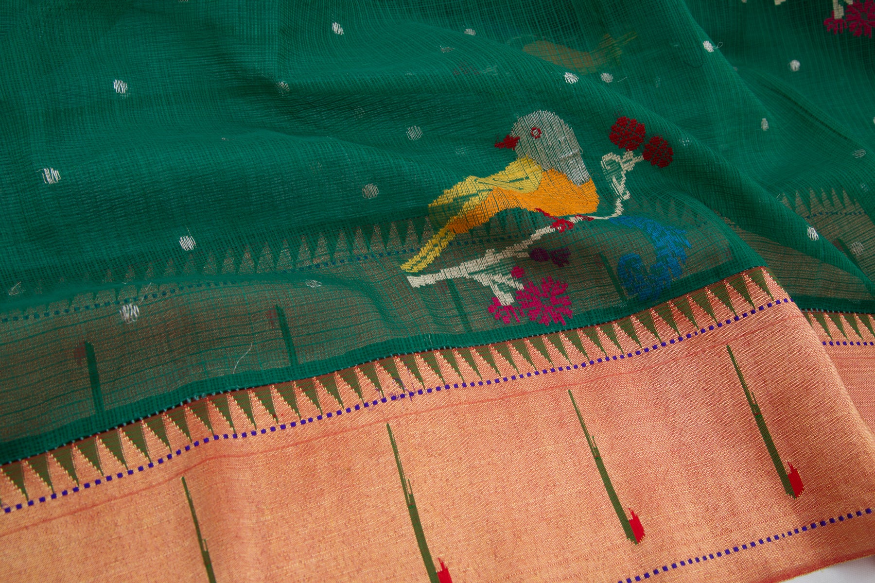 Kota Silk Butta Dark Green Saree With Attached Paithani Border
