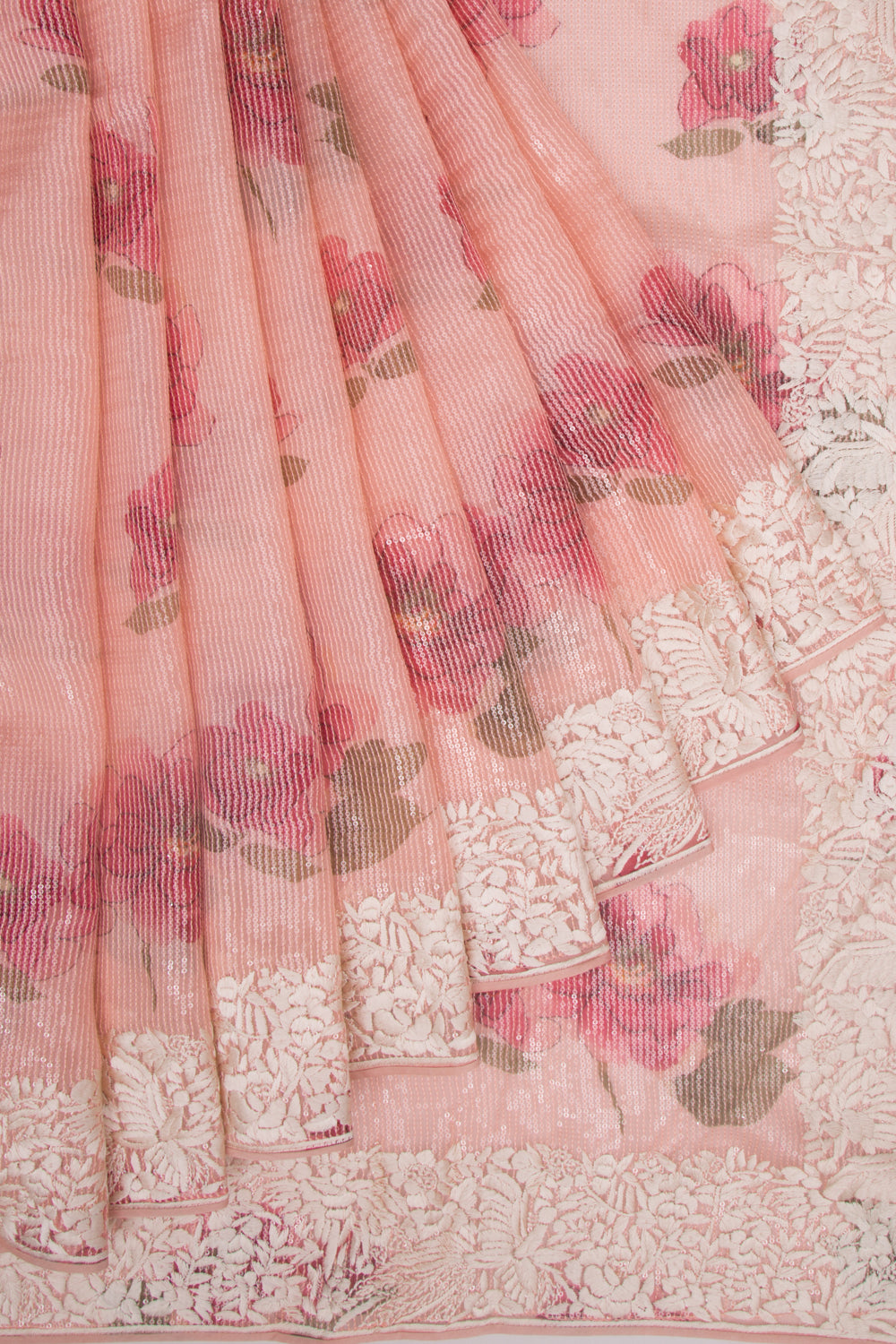 Organza Floral Printed Peach Saree With Sequins All Over