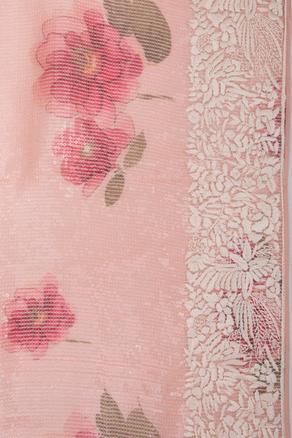 Organza Floral Printed Peach Saree With Sequins All Over