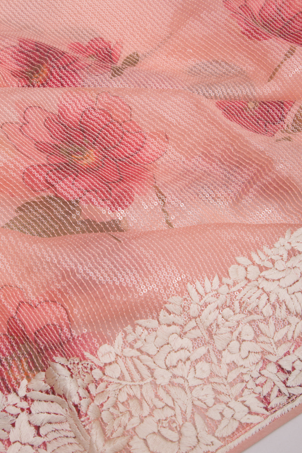 Organza Floral Printed Peach Saree With Sequins All Over