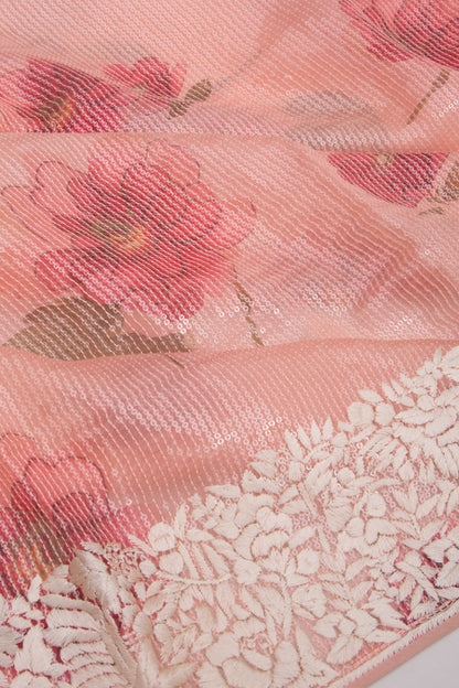 Organza Floral Printed Peach Saree With Sequins All Over