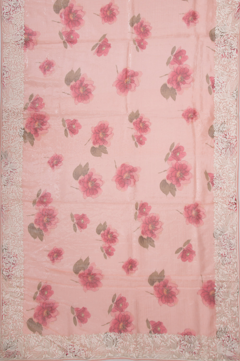 Organza Floral Printed Peach Saree With Sequins All Over