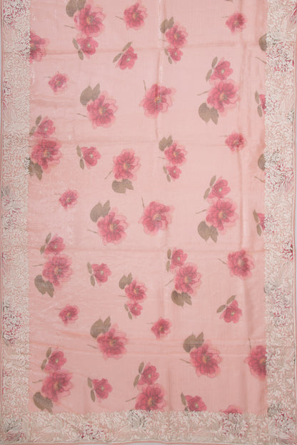 Organza Floral Printed Peach Saree With Sequins All Over