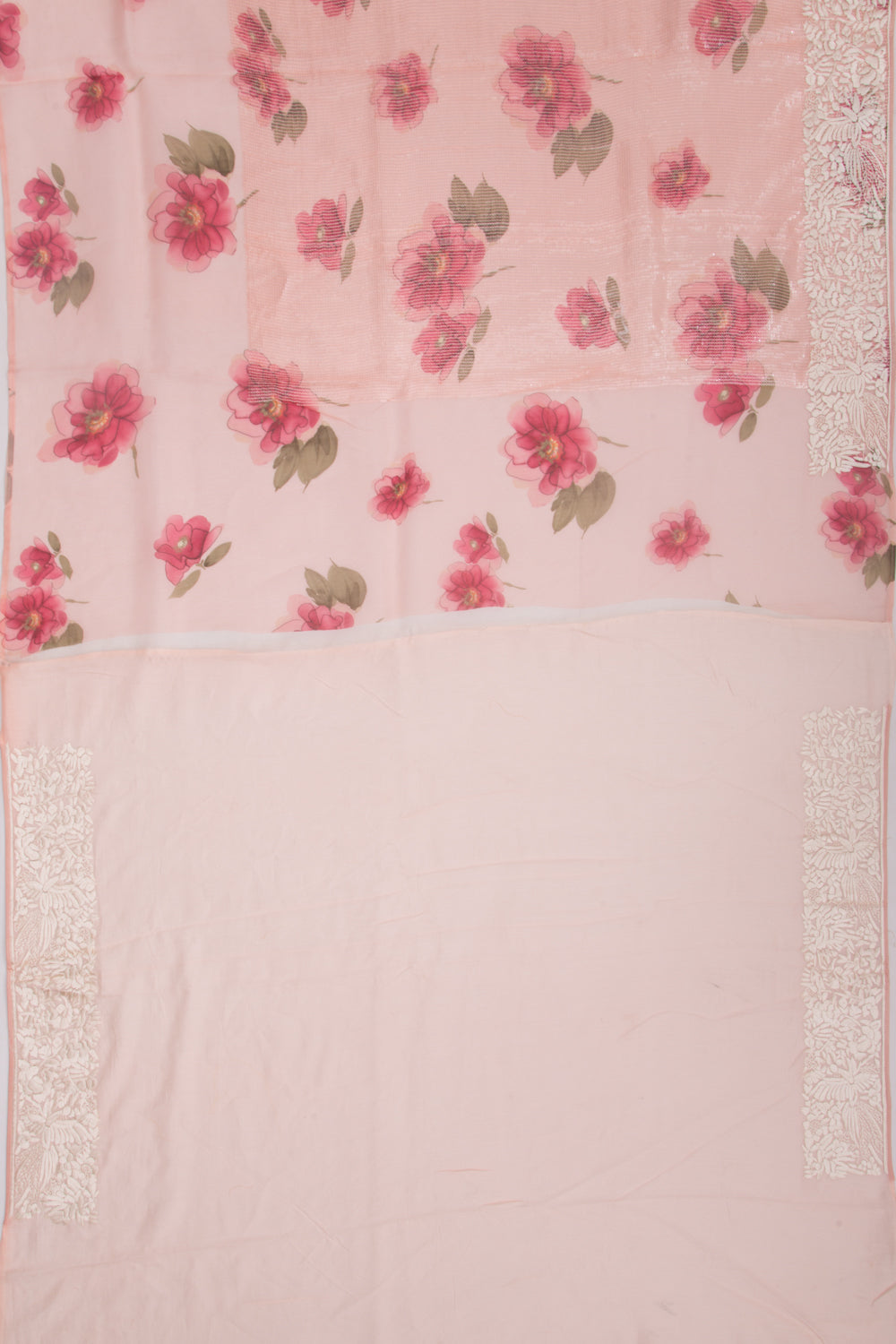 Organza Floral Printed Peach Saree With Sequins All Over