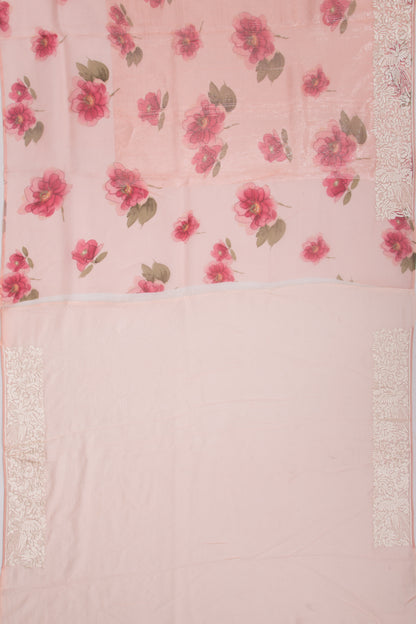 Organza Floral Printed Peach Saree With Sequins All Over