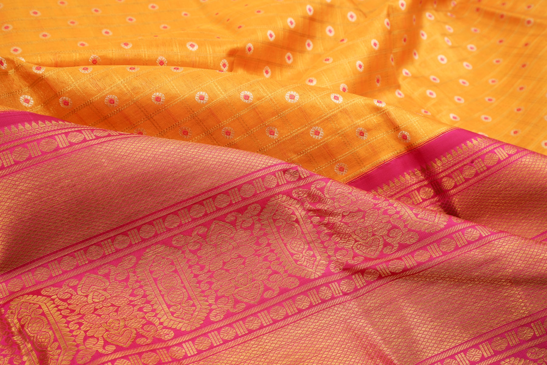 Kanchipuram Silk Checks And Butta Yellow Saree