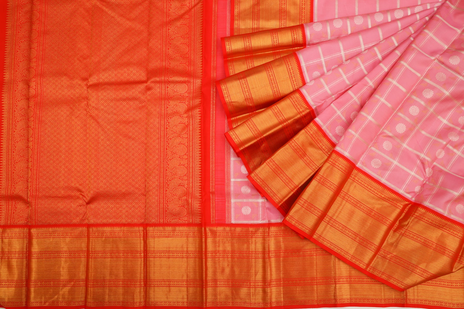 Kanchipuram Silk Checks And Butta Pink Saree